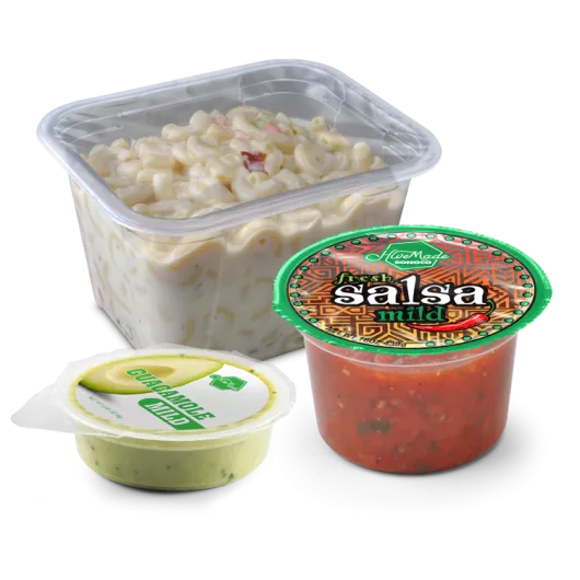 Salsa, guacamole and macaroni containers with lid films