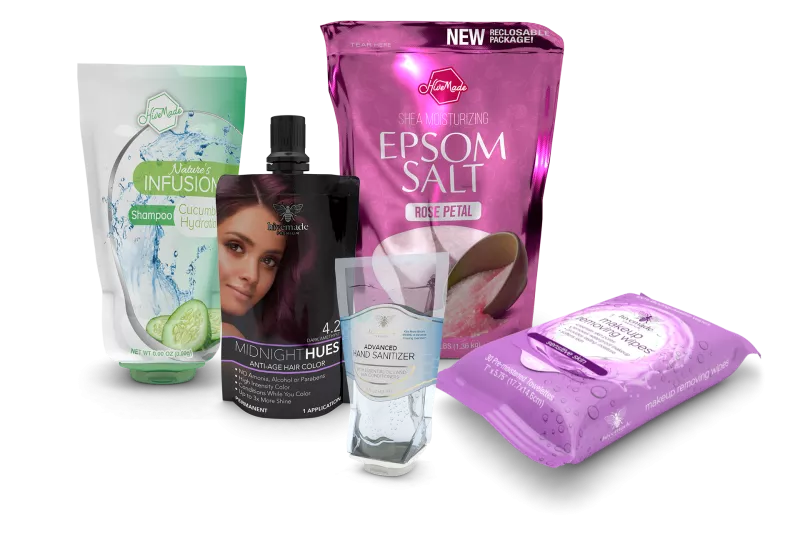 Pouch style package shampoo, hair dye, hand sanitizer and epsom salts